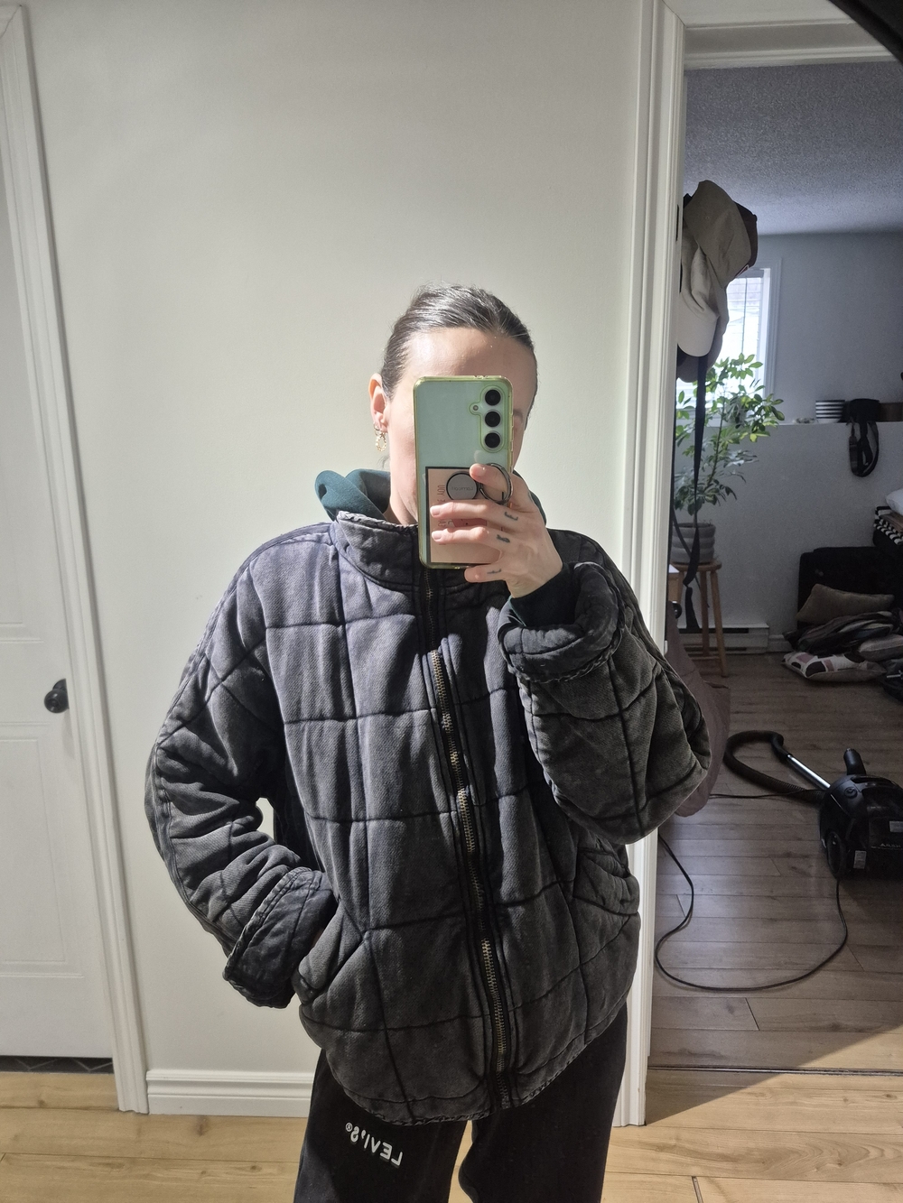 Quilted Black Bomber Jacket with Dark Green Hood - Picture 2 of 4
